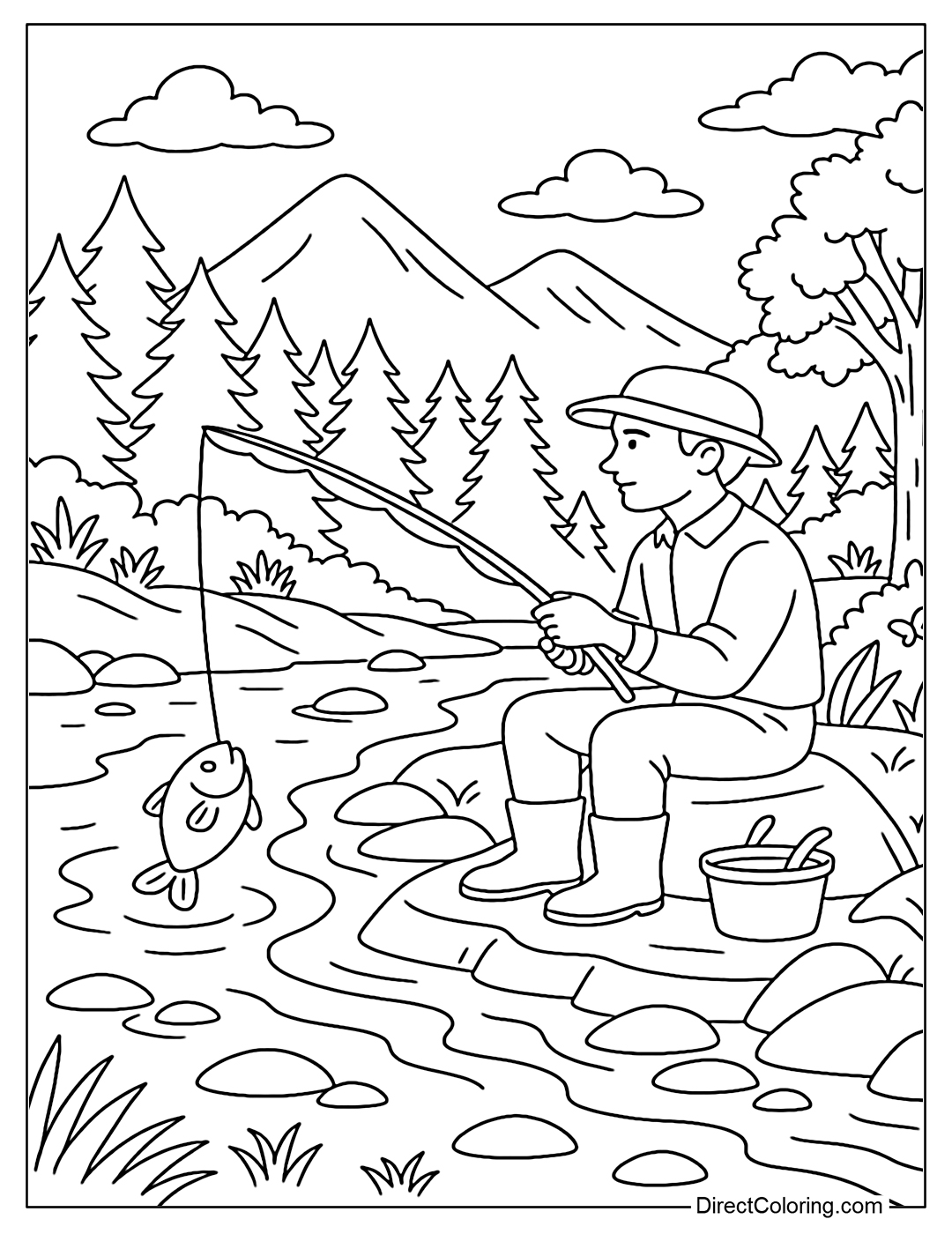 A coloring page of an adult fishing in a mountain stream, with pebbles and forest trees.